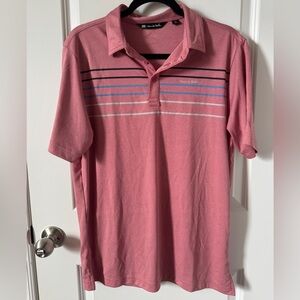Travis Mathew Coral Red Polo with Blue and White Stripes-Medium